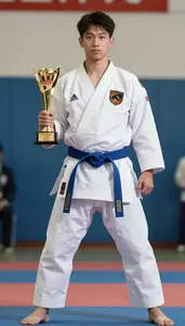 Karate Senior Karateka Wearing Blue Belt Standing Tall