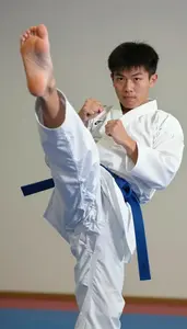 Karate Specialist Wearing Blue Belt Precise Sparring Spin