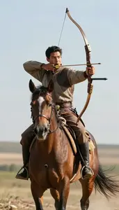 Mounted Archer In Traditional Garb Shooting Backward At Full