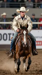 Rodeo Barrel Racer In Fringe Jacket And Cowboy Hat Guiding