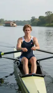 Rower In A Sleeveless Unisuit Pulls Hard On The Oars Face