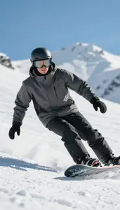 Snowboarder In Insulated Jacket Carving Sharply Down A Snowy