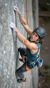 Sport Climbing Speed Climber Wearing Harness Strong Reaching