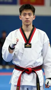 Taekwondo Heavy Athlete Wearing Red Belt Displaying