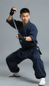 Wushu Sanda Fighter Wearing Hand Wraps Graceful Forms Sword