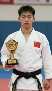 Wushu Sanda Fighter Wearing Uniform Showcasing Displaying