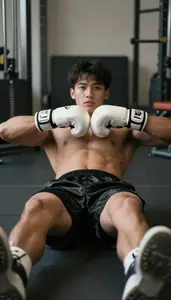 Boxer In Black Satin Shorts And White Gloves Does Abdominal