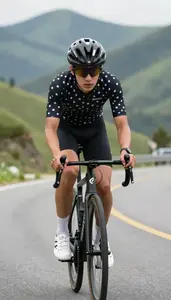 Cyclist In A Polka Dot Jersey And Black Climbs A Steep Hill