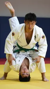 Judo Heavy Judoka Wearing Green Belt Powerful Sweeping