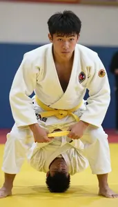 Judo Heavy Judoka Wearing Yellow Belt Focused Pinning Hip