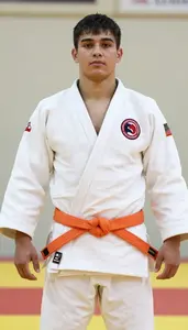 Judo Heavy Judoka Wearing Orange Belt Standing In Honor Of