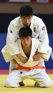 Judo Judoka Wearing Orange Belt Determined Grappling