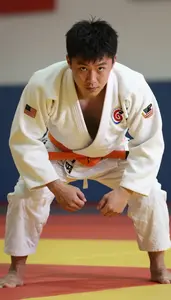 Judo Specialist Wearing Orange Belt Focused Sweeping