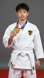 Karate Karateka Wearing White Belt Posing Raising First