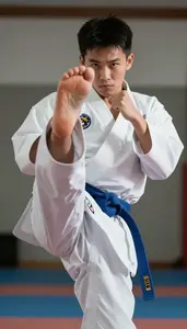 Karate Karateka Wearing Blue Belt Focused Punching Spin Kick