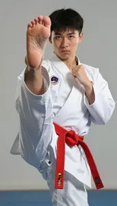 Karate Senior Karateka Wearing Red Belt Precise Kicking