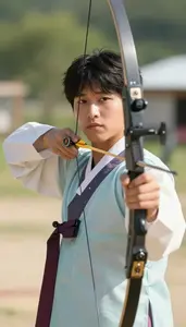 Korean Traditional Archer In Hanbok And Thumb Ring Drawing A