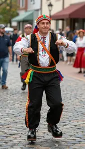 Northwest Morris Dancer In Clogs And Colorful Slings Dancing
