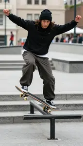Skateboarder In A Beanie And Baggy Pants Boardslides A Rail