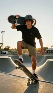 A Skateboarder In A Cap And Shorts Carries Their Board Up A