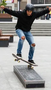 Skateboarder In A Hoodie And Ripped Jeans Grinds A Hubba