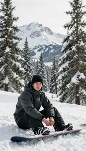 Snowboarder In A Padded Jacket And Beanie Sits In Fresh