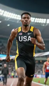 Sprinter In Black And Yellow Kit Crossing The Finish Line