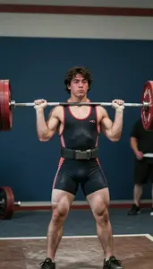 A Weightlifter In A Lifting Belt And Singlet Stares At The