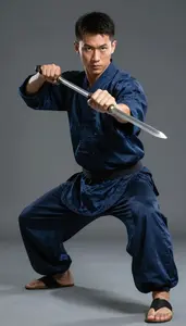 Wushu Sanda Fighter Wearing Silk Shoes Powerful Punching