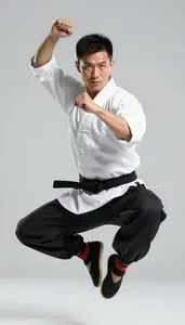 Wushu Sanda Fighter Wearing Traditional Costume Precise