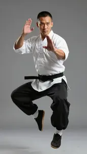Wushu Wing Chun Practitioner Wearing Uniform Quick Jumping