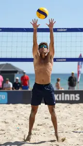 Beach Volleyball Setter Wearing Shorts Alert Setting Double