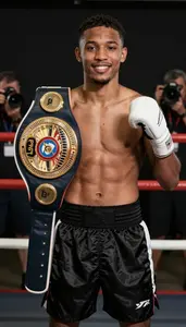 Boxer In Black Satin Shorts And White Gloves Poses With A