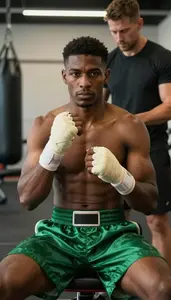 Boxer In Forest Green Satin Shorts And Cream Hand Wraps Has