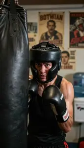 Boxer In Gloves And Headgear Works A Heavy Bag In A Gritty