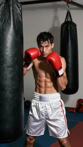 Boxer In White Satin Shorts And Red Gloves Works The Heavy