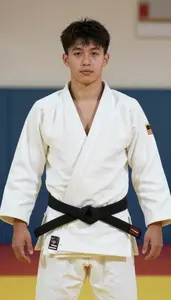 Judo Light Judoka Wearing Gi Focused Sweeping Chokehold In