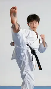 Karate Junior Karateka Wearing Gi Quick Sparring Front Kick