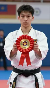 Karate Karateka Wearing Gi Showcasing Awarded Victory Wreath
