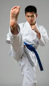 Karate Karateka Wearing Blue Belt Determined Striking Spin