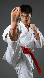 Karate Karateka Wearing Red Belt Powerful Kicking Spin Kick