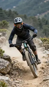 Mountain Biker In A Full Face And Goggles Goggles On