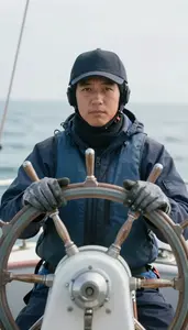 Sailing Navigator Wearing Gloves Focused Steering Helm