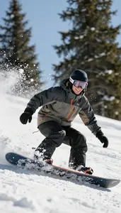 Snowboarder In A Jacket And Beanie Carves A Turn In Fresh