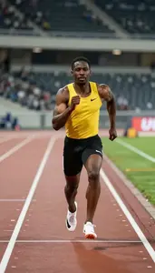 Sprinter In A Bright Yellow Vest And Black Briefs Does A