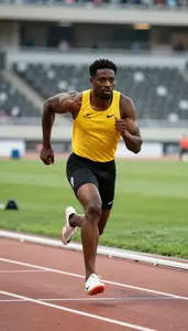 Sprinter In A Bright Yellow Vest And Black Briefs Does A