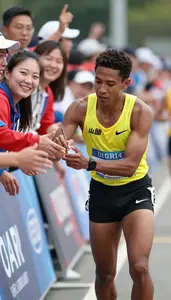 Sprinter In A Bright Yellow Vest And Black Briefs Signs