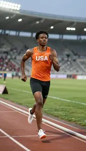 Sprinter In A Orange Vest And Black Briefs Jogs A Cool Down