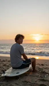 Surfer In Board Shorts And A Simple T Shirt Sits On The Sand