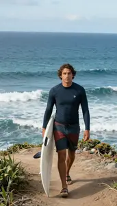 Surfer In Boardshorts And A Simple Rash Guard Walks Along A